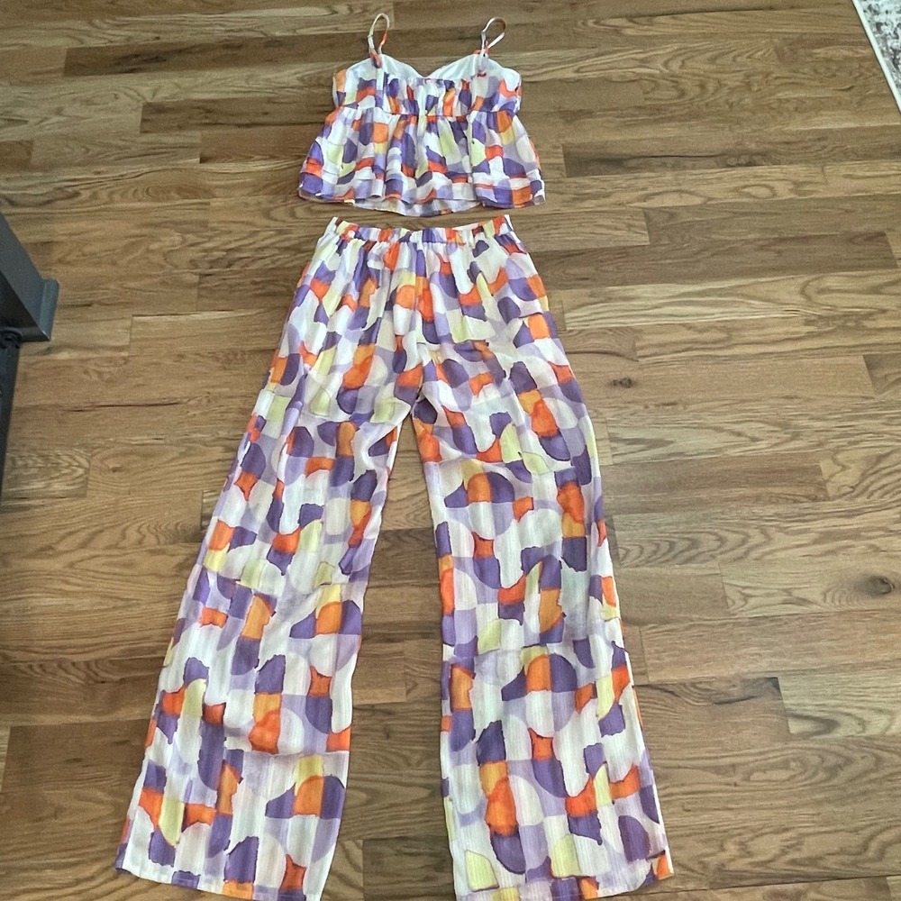 g.p.d. Women Abstract Geometric Print 2 Piece Set Crop Top Wide Leg Pants XS - Picture 2 of 9